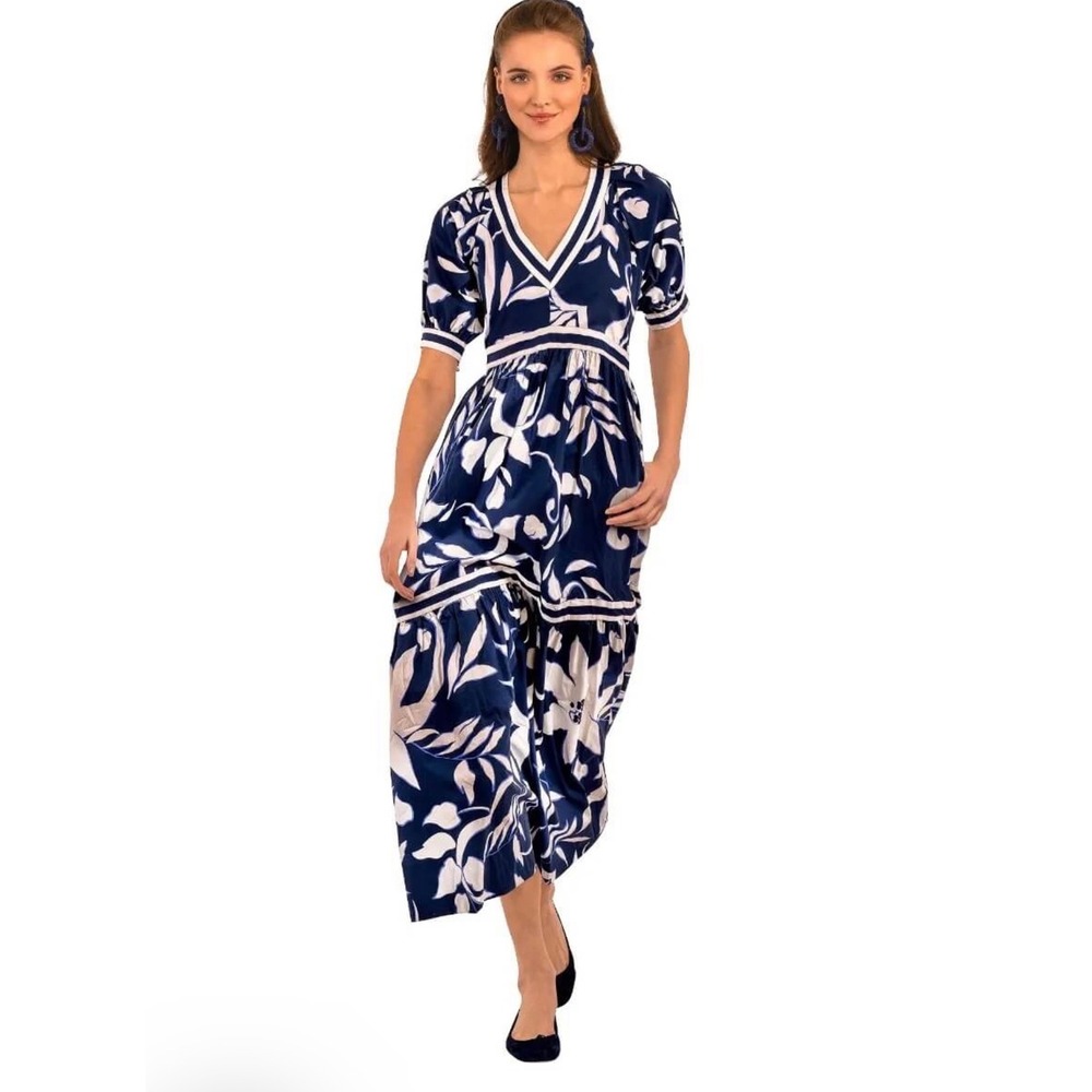 Gretchen Scott Navy White Floral Tiered Midi‎ Dress V-Neck Puff Sleeve Womens M